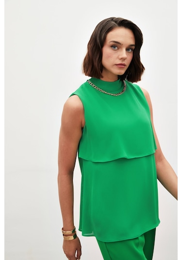 Sateen Aksesuar Detaylı Volanlı Bluz - Yeşil-133172