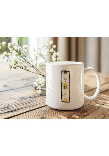 I Harfi Arı Desenli Kupa - Sevimli Hayvan Temalı Kişiye Özel Kahve Kupası - Şans Kupası Beyaz