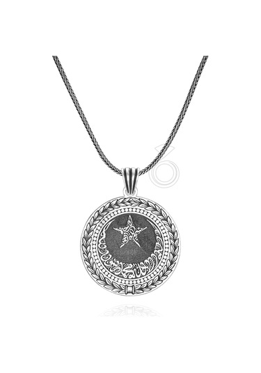 925 Ayar Gümüş Kelime-i Tevhid Yazılı Ayyıldız Tasarım Yuvarlak Erkek Kolye Gümüş