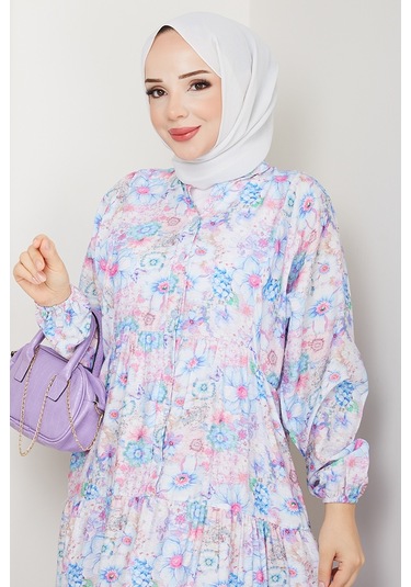 Elera Desenli Yarasa Kol Tesettür Elbise 1572 - Lila Lila