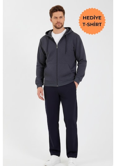 Antrasit Kapüşonlu Regular Fit Hırka Düz Paça Erkek Eşofman Takımı 3861 Antrasit