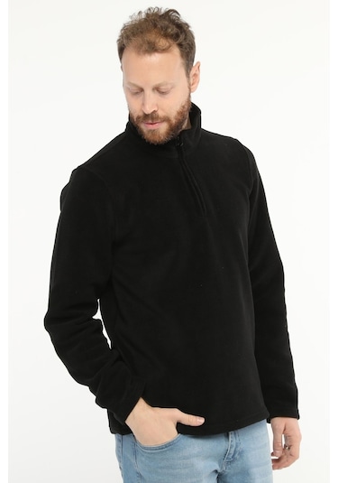 Uniprom Erkek Normal Kesim Dik Yaka Yarım Fermuarlı Polar Sweatshirt Siyah