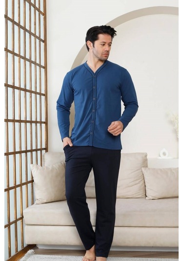 Erkek V Yaka Önden Düğmeli Pamuk Likra Mevsimlik Uzun Kol Cepli Pijama Takımı İndigo