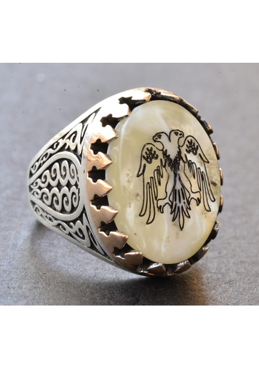 Erkekler İçin Sterlin Gümüş Yüzük - Doğal İnci Taşı Ve Çift Başlı Kartal Tasarımı Gümüş