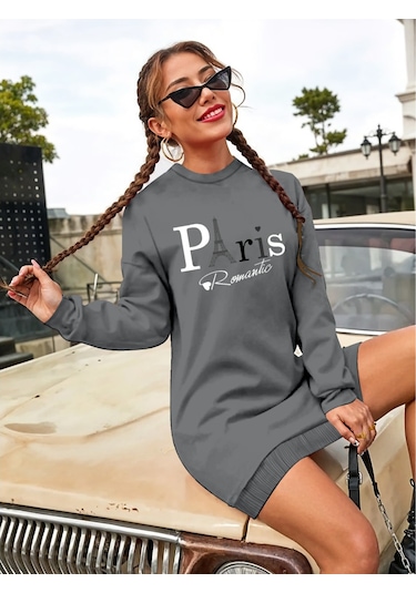 Stilaura Kadın Uzun Kollu Bisiklet Yaka Yazılı Kısa Viskon Iki Iplik Elbise Antrasit