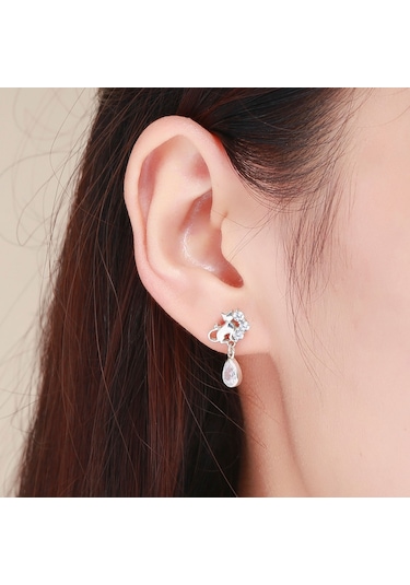 S925 Ayar Gümüş Kedi Retro Küpe Kadın Küpe