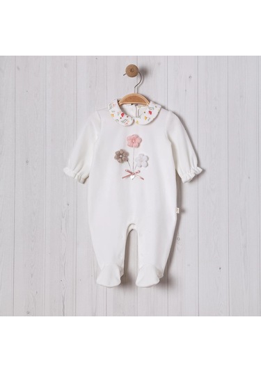 Örme Çiçek Aksesuarlı Kız Bebe Tulum Ekru