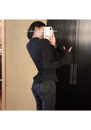 Kadın Seksi Bel Büzgülü Gömlek Bol Uzun Kollu Bayan Düz Renk Gömlekler Üst Düzey Slim Fit Şık Askılı Bluzlar Siyah