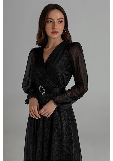 Dipmoda Kadın Kemerli Kruvaze Yaka Simli Gece Elbisesi Dpnbmy3590 Siyah