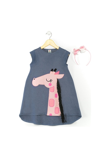 Denokids Pembe Zürafa Kız Çocuk Elbise+saç Bandı Çok Renkli