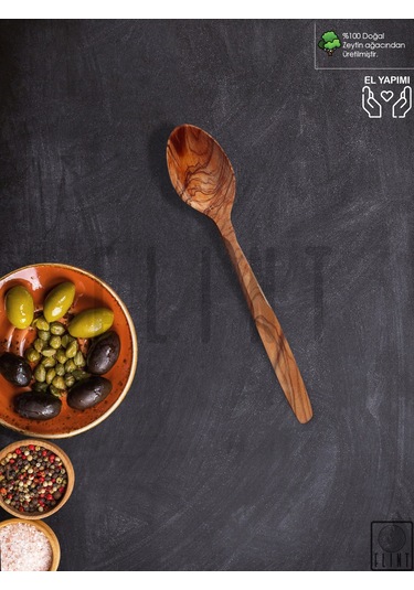 Zeytin Ağacı El Yapımı Tahta Ahşap Kaşık Mutfak Yemek Kaşığı 22cm