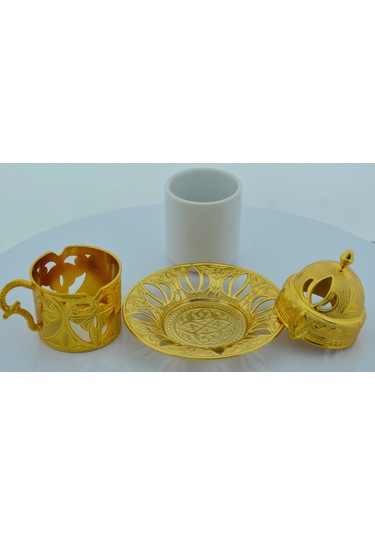 Defne 6 Kişilik 24 Parça Metal Porselenli Altın Renk Kahve Fincan Seti Altın