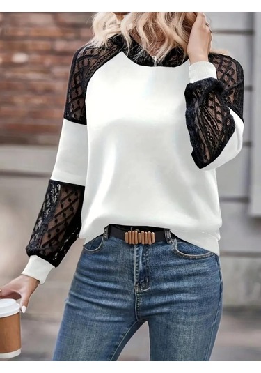 Kadın Uzun Kollu Dantelli Kapşonlu Viskon Iki Iplik Bluz Beyaz