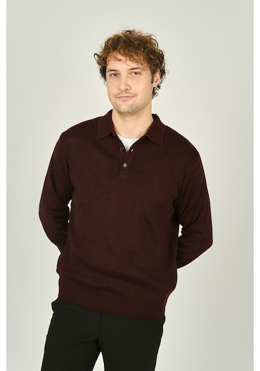 Ateş Triko Erkek Polo Yaka Düğmeli Yün Kazak 6091023 K.bordo K.bordo Koyu Bordo