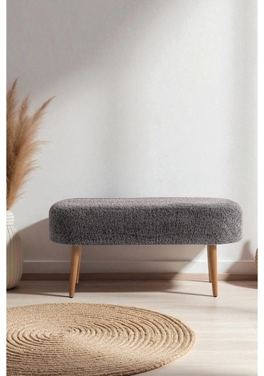 Retro Ahşap Ayaklı Geniş Oturum Alanlı Oval Puf Krem Çok Renkli