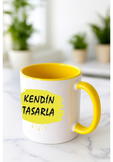 Kendin Tasarla Bardak - Kişiye Özel Bardak Satıya Sor 2 İçi Kulbu Sarı Bardak