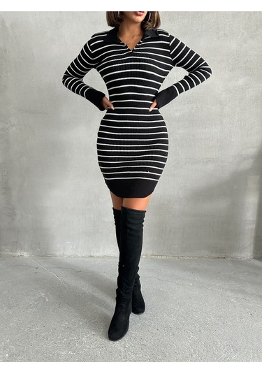 Kadın Çizgili Polo Yaka Mini Triko Elbise Siyah - Ekru
