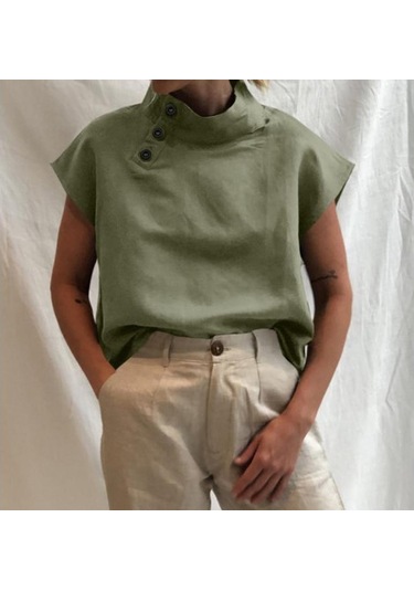 Yeşil Celmia Kadın Yaz Bluzlar 2023 Moda Pamuk Keten Blusas Hafif Beyaz Gömlek Casual Chic Tunik