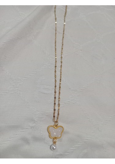 Kelebek Kolye İnci Boncuk Uçlu Beyaz