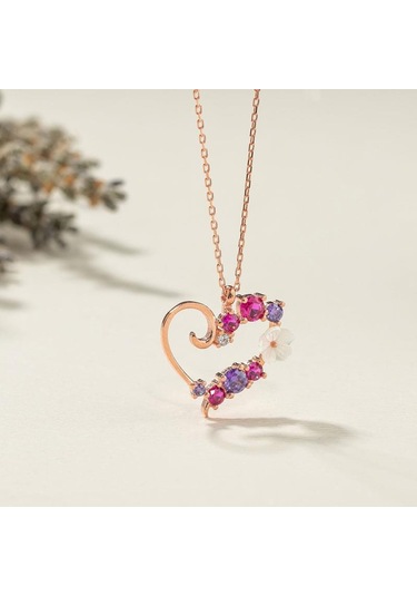 Gümüş Pazarım Renkli Taşlı Manolya Kalp Gümüş Kolye