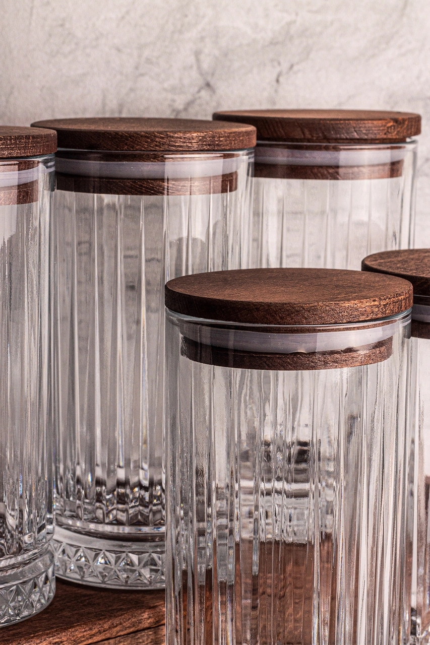 Mira 7 Parça Ahşap Vakumlu Kapaklı Standlı Cam Baharatlık Seti 450 Ml Çok Amaçlı Saklama Kabı Ahşap