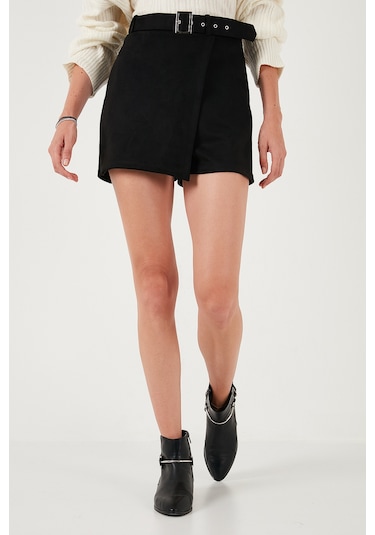 Lela Kışlık Regular Fit Asimetrik Kesim Fermuarlı Bayan Şort Etek 5865973 Siyah