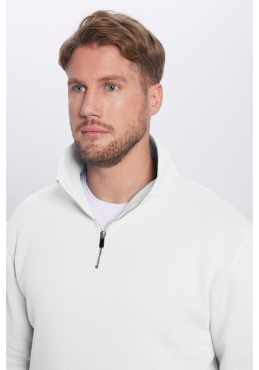 Unisex Relax Fit Rahat Kesim %100 Pamuk Yarım Fermuarlı Beyaz Dik Yaka Sweatshirt-32135 Beyaz