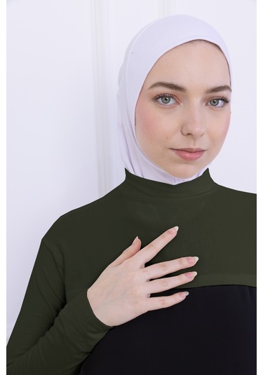 Balıkçı Yaka Boyunluklu Kolluk Haki Yeşil - Likralı Dik Yakalı Kadın Body Tesettür Crop Bolero Haki