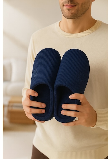 Velvet Erkek Ev Terliği Ses Yapmayan Taban Yünlü Terlik Lacivert