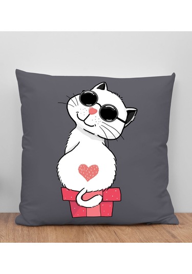 Bk Gift Kedi Tasarımlı Antrasit Kırlent Yastık, Arkadaşa Hediye, Ev Dekorasyonu, Ev Hediyesi-6