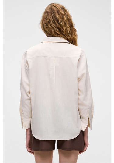 RIGO Kadın Gömlek Yaka Uzun Kol Regular Uzun İnce Krem Gömlek