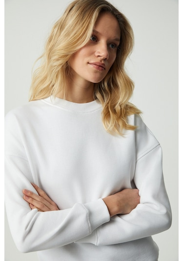 Vaneltına Kadın Içi Polarlı 3 Iplik Organik Pamuk Oversize Basic Bisiklet Yaka Beyaz Sweatshirt