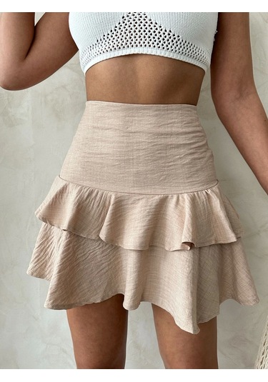 Valonlu Fırfırlı Etek Bej