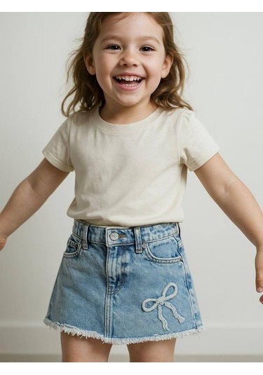 Kız Çocuk Fiyonk Detaylı Kot Etek-15824 Mavi