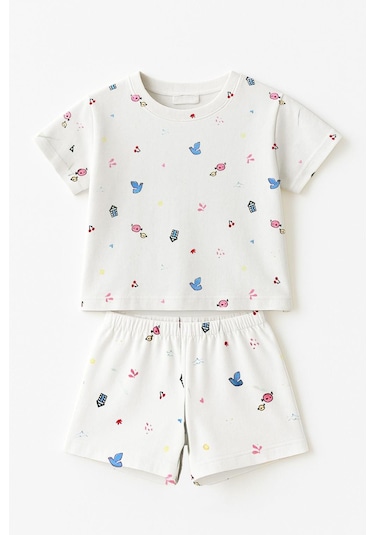 Kız Çocuk %100 Pamuklu Kuş Desenli Şortlu Takım 3-4 Yaş 8-9 Yaş Beyaz