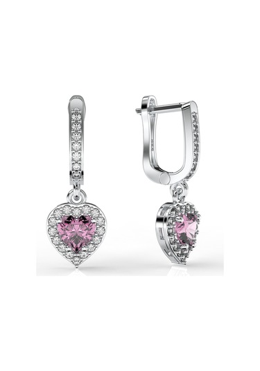 925 Ayar Pembe Taşlı Rodyum Pırlanta Işıltılı Sallantılı Kalp Gümüş Küpe Gümüş