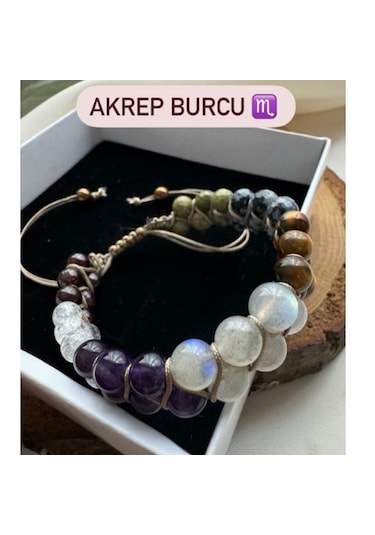 Sertifikalı Akrep Burcu Çift Sıra Makrome Doğal Taş Bileklik Çok Renkli