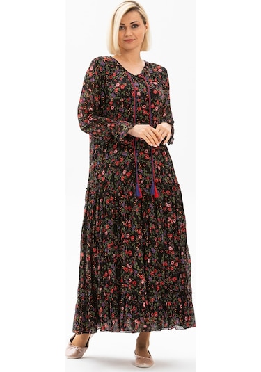 Uzun Kol Vual Gonca Uzun Elbise Tomurcuk Desen Siyah 6162-siyah Siyah