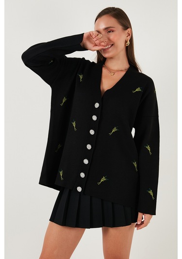 Lela Oversize Fit Desenli V Yaka Triko Bayan Hırka 4616193 Siyah