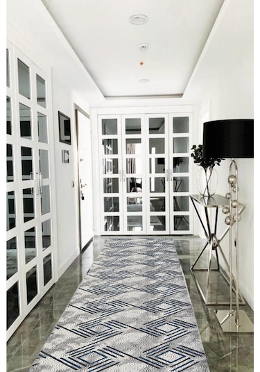 Mavi Gri Kaymaz Tabanlı Kesme Yolluk Koridor Mutfak Salon Halısı 5008 Mavi