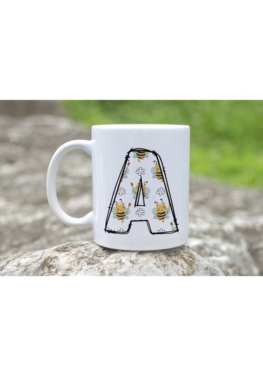 A Harfi Arı Desenli Kupa - Sevimli Hayvan Temalı Kişiye Özel Kahve Kupası - Şans Kupası Beyaz