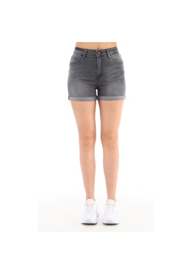 Cedy Denim Kadın Yüksek Bel Duble Paça Kot Şort Klasik Mini Jean Şort C604 GRİ