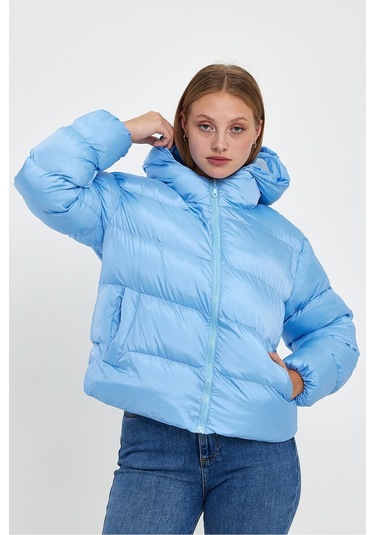 Alisse Kadın Mavi Kapüşonlu Şişme Mont Kaban Mavi