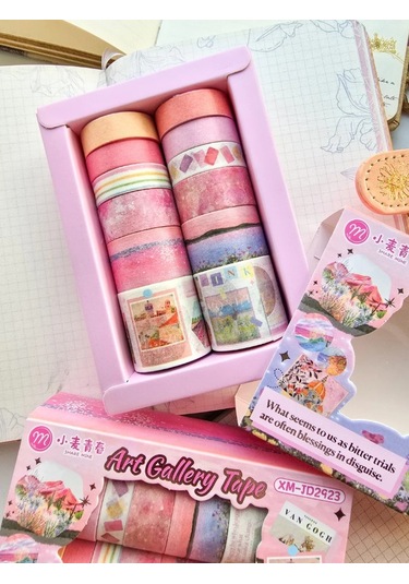 Art Vintage Washi Tape Bant Yapışkanlı Maskeleme Kağıdı Desenli Bant 12'li - Pembe Van Gogh Tabloları 1