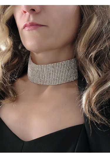 Gümüş Kaplama Rhinestone Choker Tasma Model Kolye Gümüş