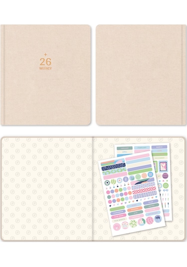 2026 Dikey Haftalık Ajanda 12 Aylık Kir Ve Suya Dayanıklı Premium Keten Kapaklı 18x20 Cm - Bej Bej