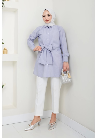 Nevayla Moda Çizgili Poplin Bağlamalı Gömlek - Lacivert / Ü103 Lacivert