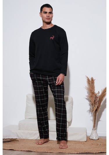 Buratti Pamuklu Regular Fit Bisiklet Yaka Ekoseli Erkek Pijama Takımı 6574001 Siyah