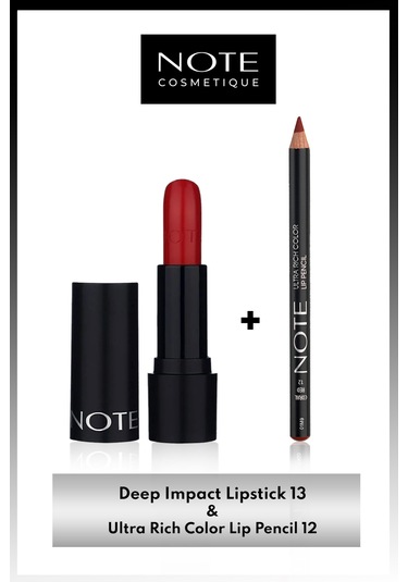 Note Cosmetics Deep Impact Kremsi Yarı Parlak Ruj 13 Impressive Red + Ultra Rich Color Dudak Kalemi 12 Coral Red
