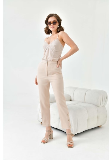 Ftz Women Kadın Dar Paça Düğmeli Pantolon Beige 30779-Beige Bej